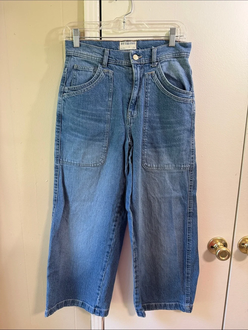 Wide‎ Leg Crop Jeans Free People We The Free Patch Pocket Blue Denim Size 26